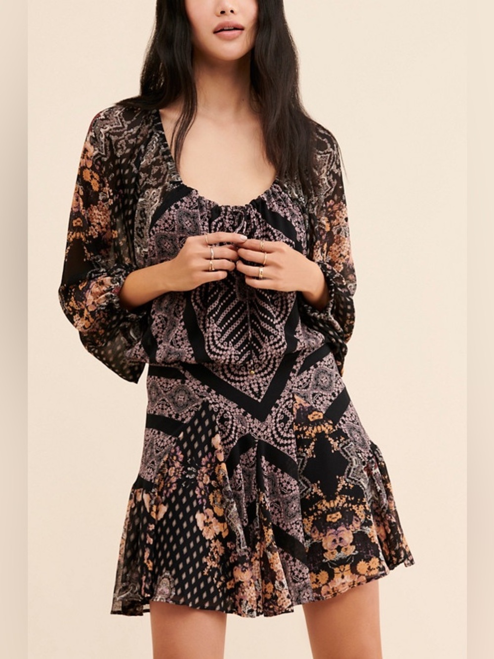 Free People Seven Wonders Mini Dress Black Combo Size S NWT Boho Paisley Floral